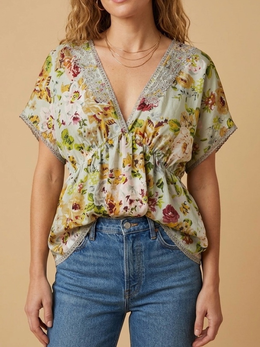 Johnny Was Sage Green Silk Floral V-Neck Blouse Size XL
